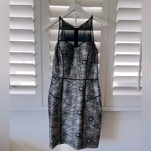 Aiden Mattox Lace Black & Cream Halter Dress, sheer top & back SZ 6